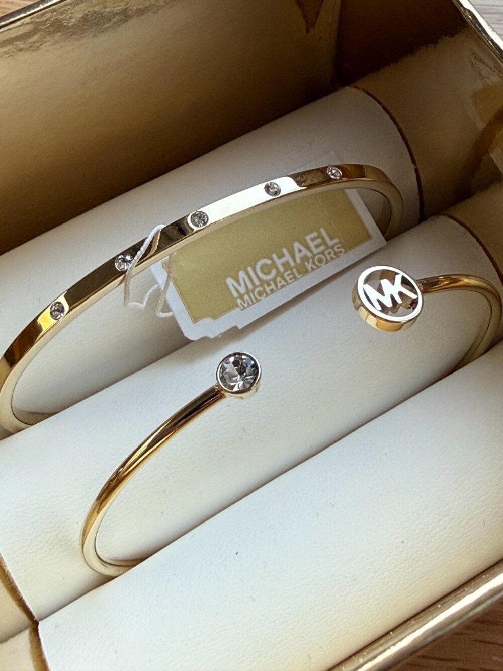Michael Kors Gold Bangle Cuff Bracelet Set 2 Piece Crystal MK Logo NWT Box